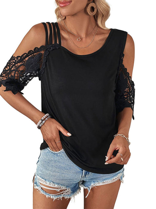 Women's lace patchwork knitted top with off-shoulder sleeves