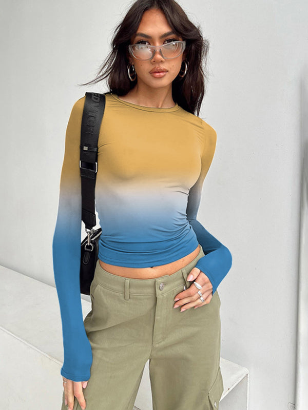 Gradient Round Neck Long Sleeve Basic Top