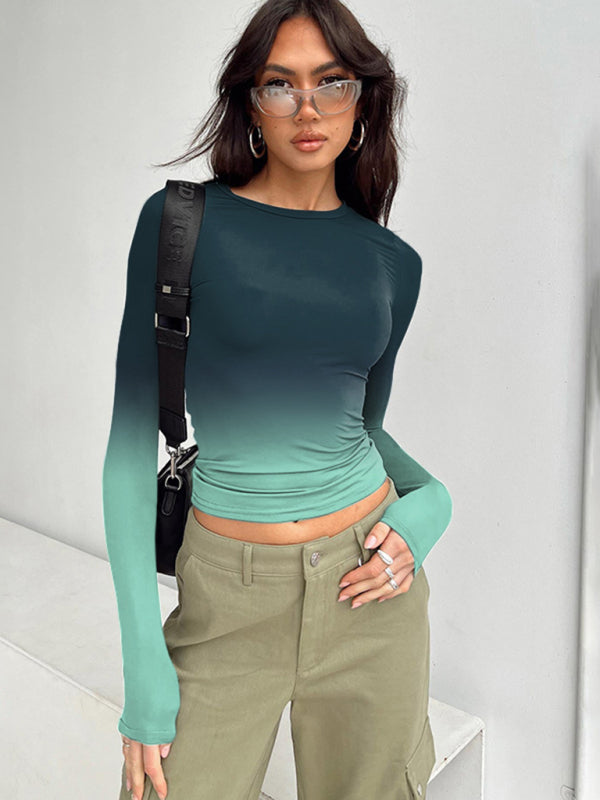 Gradient Round Neck Long Sleeve Basic Top