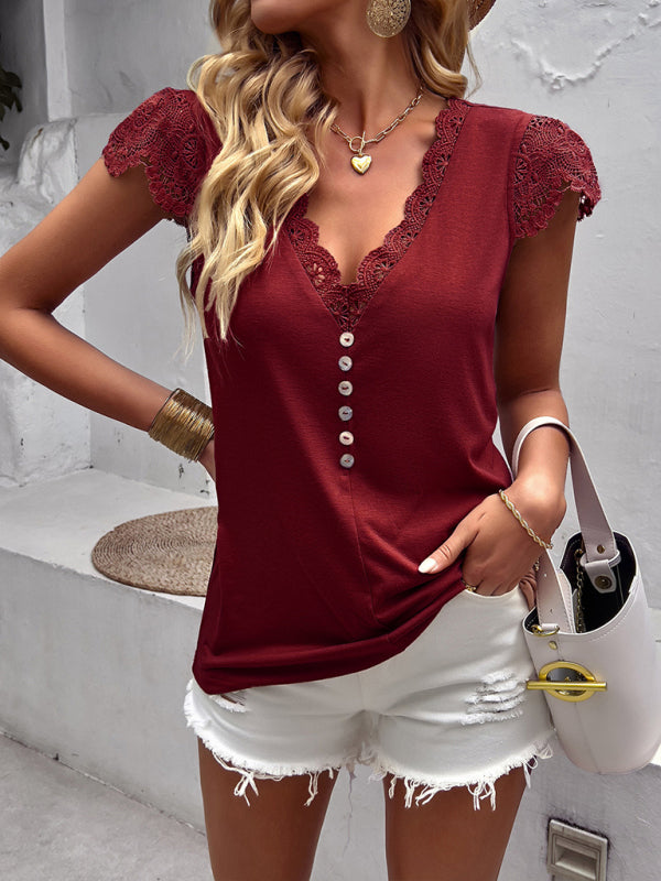 Women's V-neck patchwork lace sleeves knitted top