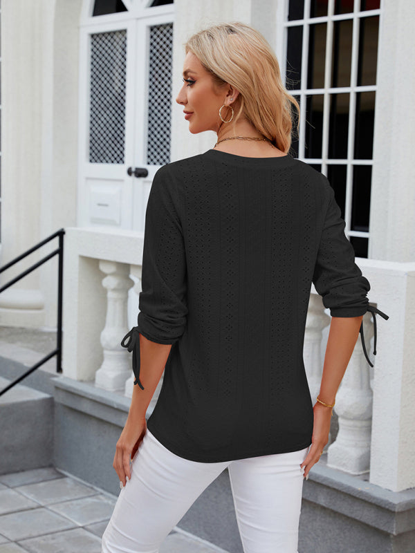 Women's V-neck three-quarter sleeve button drawstring loose T-shirt top