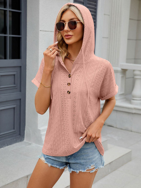 Women's buttoned hooded drawstring short-sleeved T-shirt top