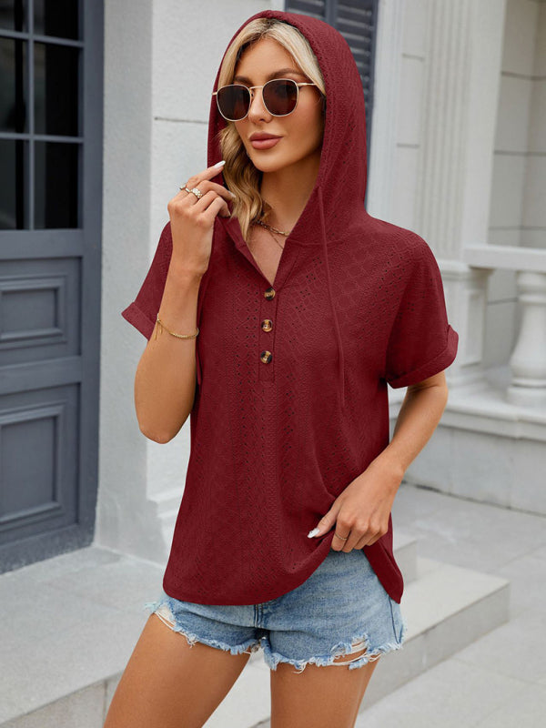 Women's buttoned hooded drawstring short-sleeved T-shirt top