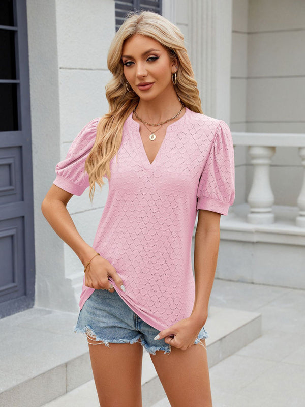 Women's V-neck puff sleeve pleated short-sleeved loose T-shirt