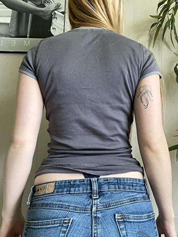 Women's V-neck button-down sexy slim-fit street short-sleeved T-shirt