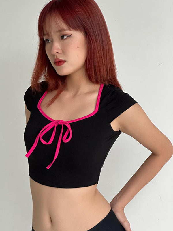 Women's new sexy sweet hottie tight-fitting short design contrasting color short-sleeved tops
