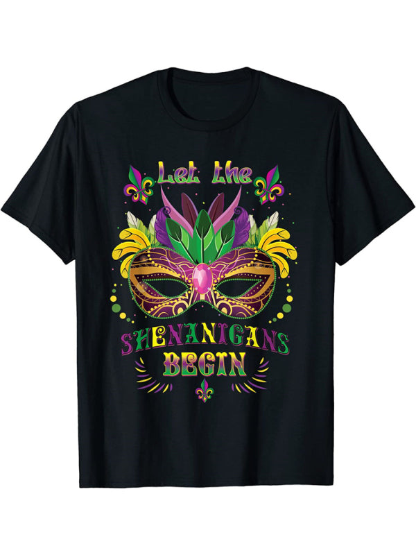 New Mardi Gras Carnival Mask Print Graphic Short Sleeve T-Shirt Top
