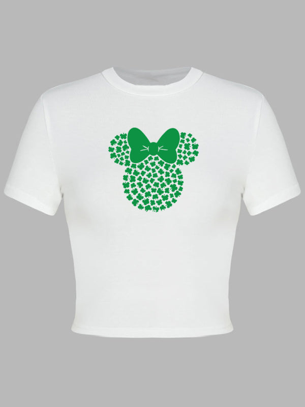Women's St. Patrick's Day Green Leaf Print Round Neck Short T-Shirt (Multiple Pictures Available)