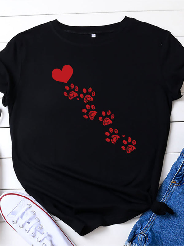 New women's casual love animal footprint casual cotton short-sleeved T-shirt