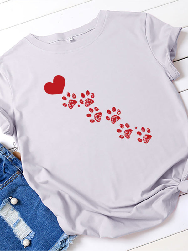 New women's casual love animal footprint casual cotton short-sleeved T-shirt