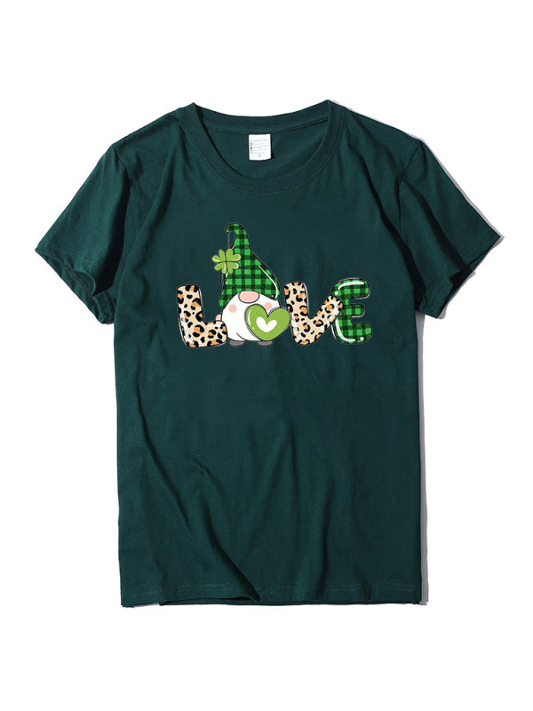 Women's new leopard print love + clover print St. Patrick's Day short-sleeved T-shirt
