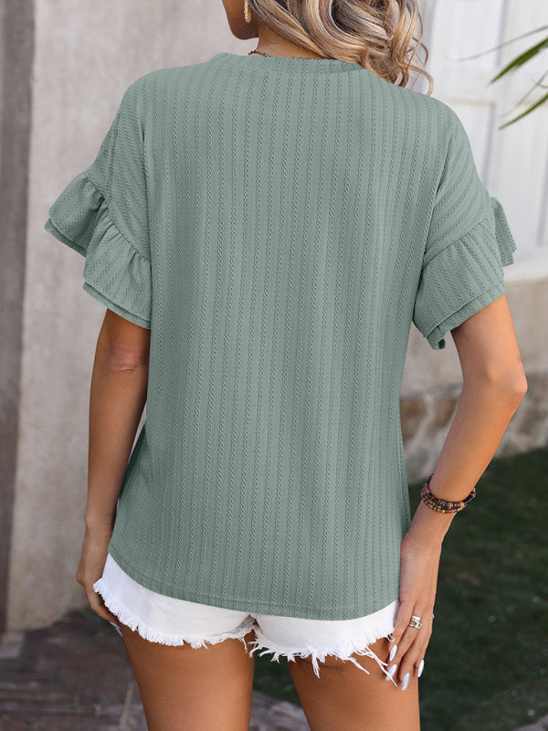 New solid color round neck ruffle sleeve short sleeve T-shirt top