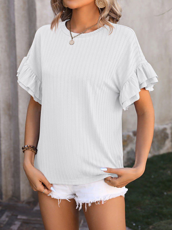 New solid color round neck ruffle sleeve short sleeve T-shirt top