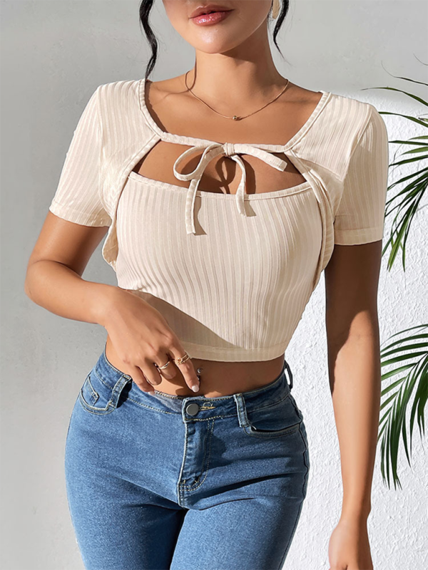 Women's Solid Color Casual Simple Ribbed Fake Two-piece Set Strappy Square Neck Top