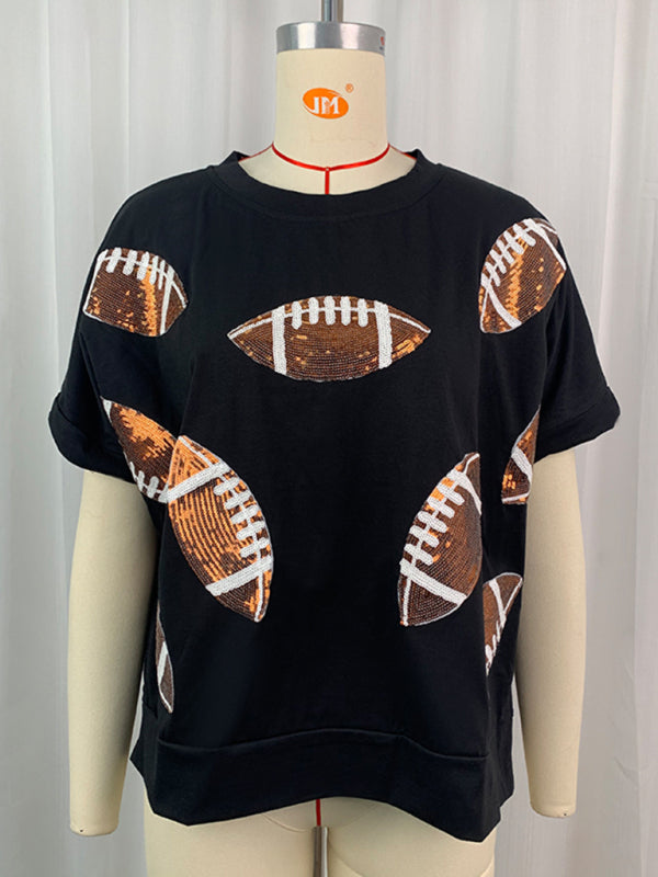 Casual Summer Sequined Rugby Round Neck Pullover T-Shirt Short Sleeve Top