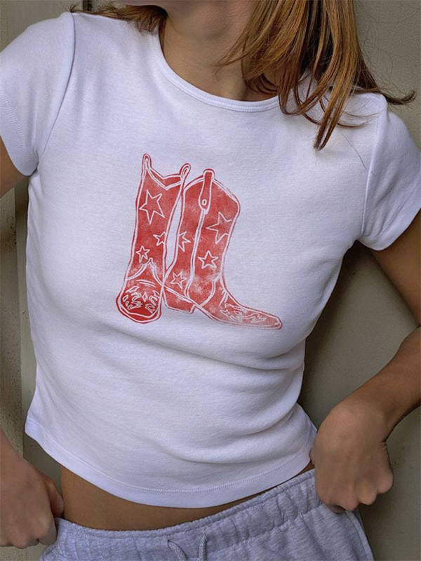 Fashionable hot girl style printed loose casual navel-baring short-sleeved T-shirt