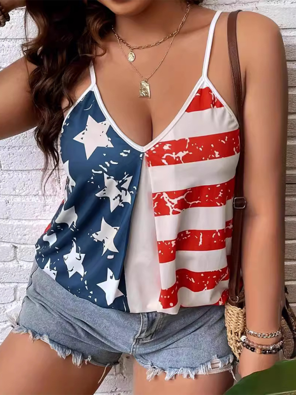 American Independence Day Flag Digital Print Off-The-Shoulder Tank Top