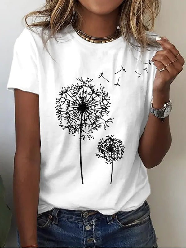 Lässiges Strick-T-Shirt mit Löwenzahn-Print für Damen 