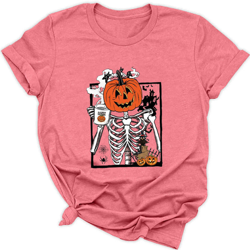 Women's Halloween Pumpkin Skeleton Graphic Tee