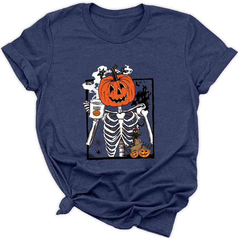 Women's Halloween Pumpkin Skeleton Graphic Tee